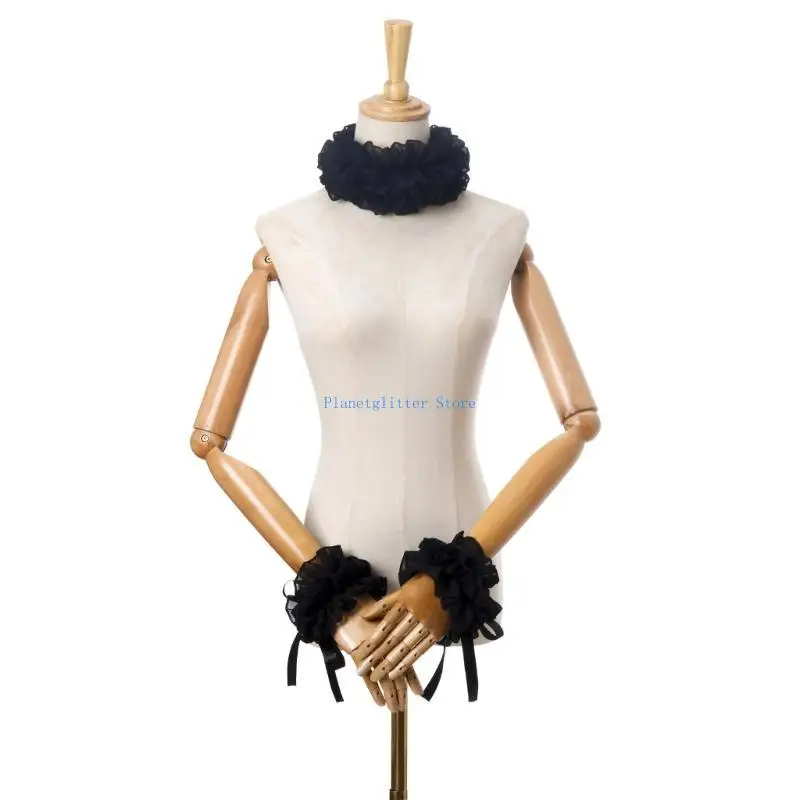 

652B Halloween Cosplay Party Neck Ruff Collar and Ruffled Wrist Cuffs Set