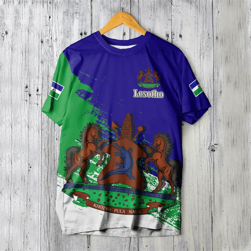 The RepublicOf Lesotho Map Flag 3D Printing T Shirt Lesotho Coat Of Arms Graphic Short Sleevs T Shirts Vintage Mens Clothing Top