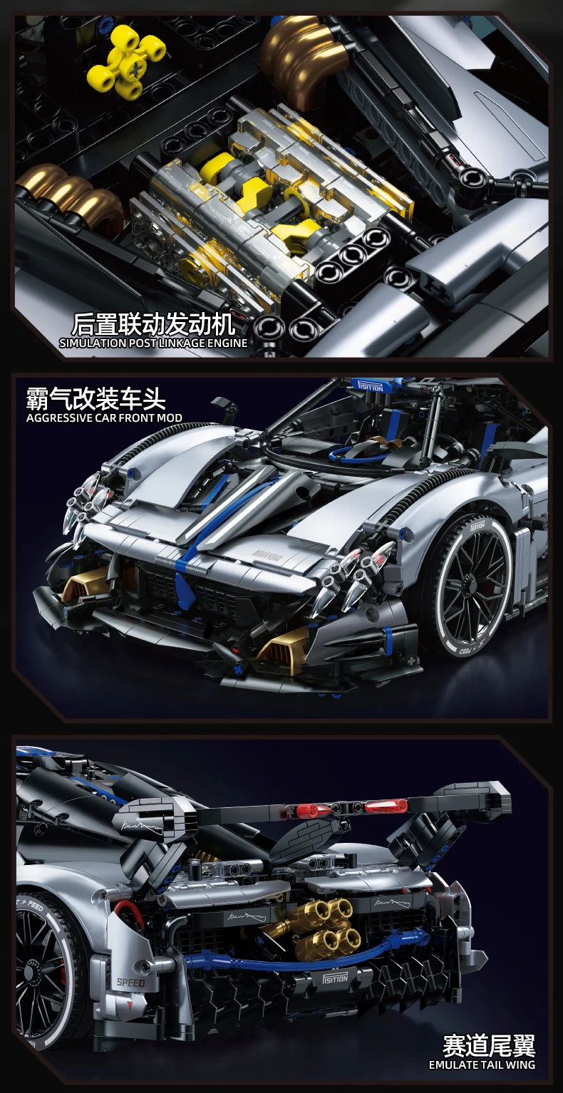 TOYLINX 3526-teiliges silber-blaues technisches Rennsportwagen-Bausteine-Set, Super-Sportwagenmodell im Maßstab 1:8, ideale Ziegelsteine, Geschenk für Jungen – Detail 6