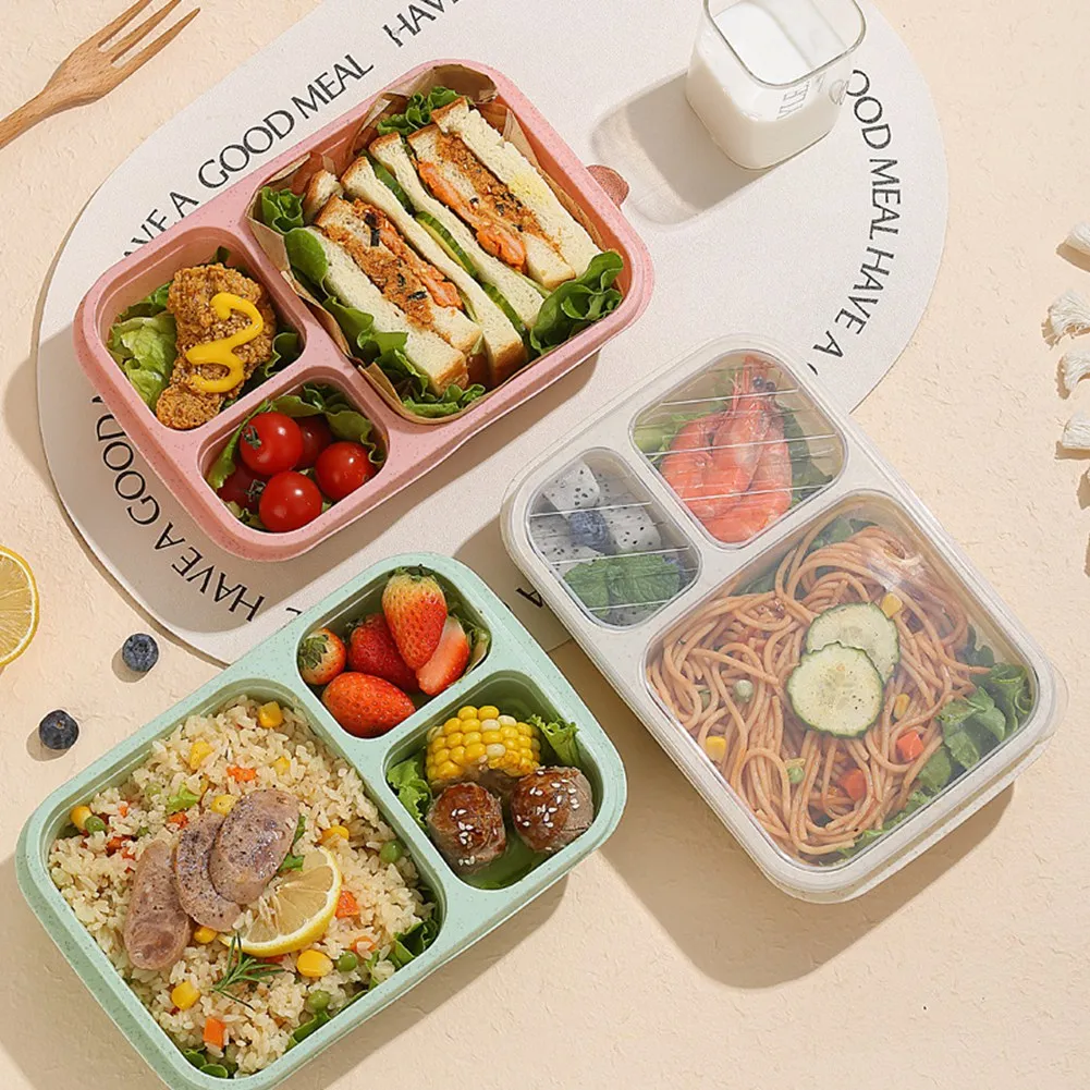 Wheat Straw Lunch Box Three-Compartment Bento Box Student Office Worker Restaurant Lunch Box Outdoor Portable Lunch Box