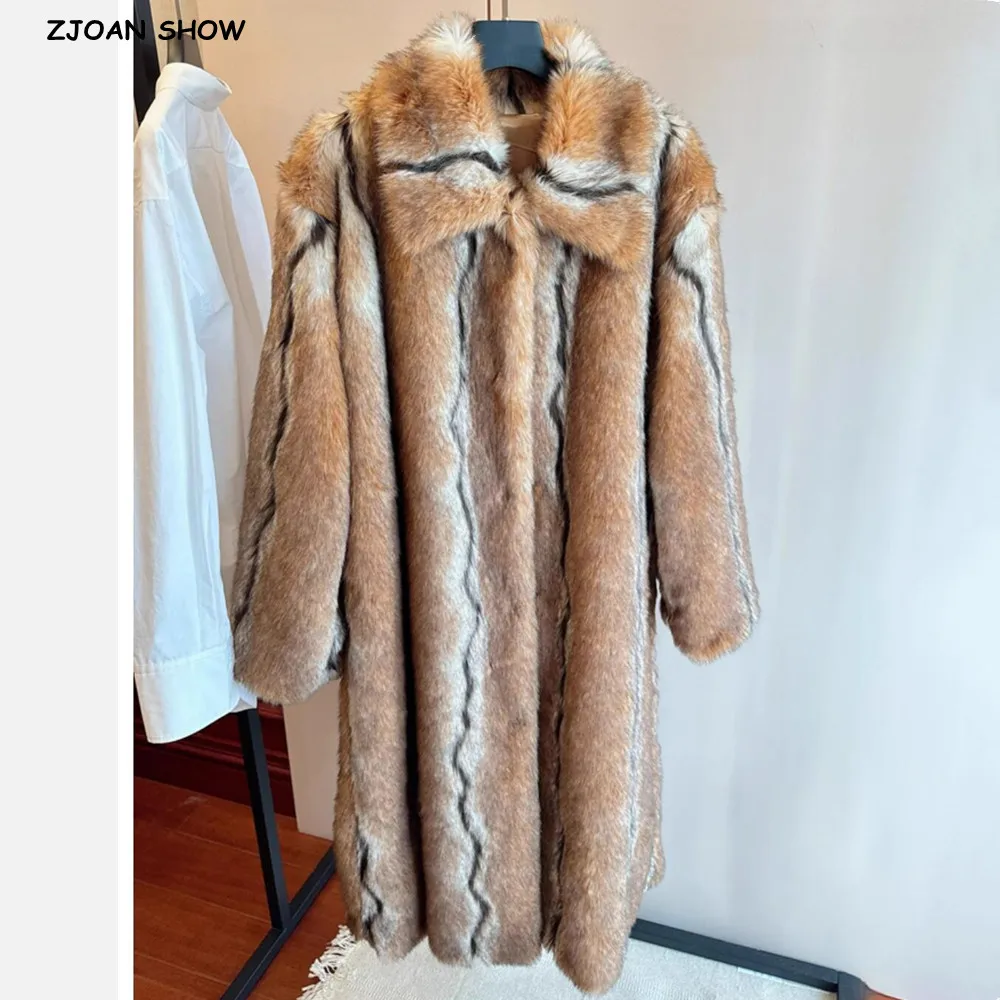 

High Quality Winter Lapel Collar Hairy Shaggy Tiger Faux Mink Fur Coat Vintage Woman Fluffy X-Long Jackets Keep Warm Outerwear