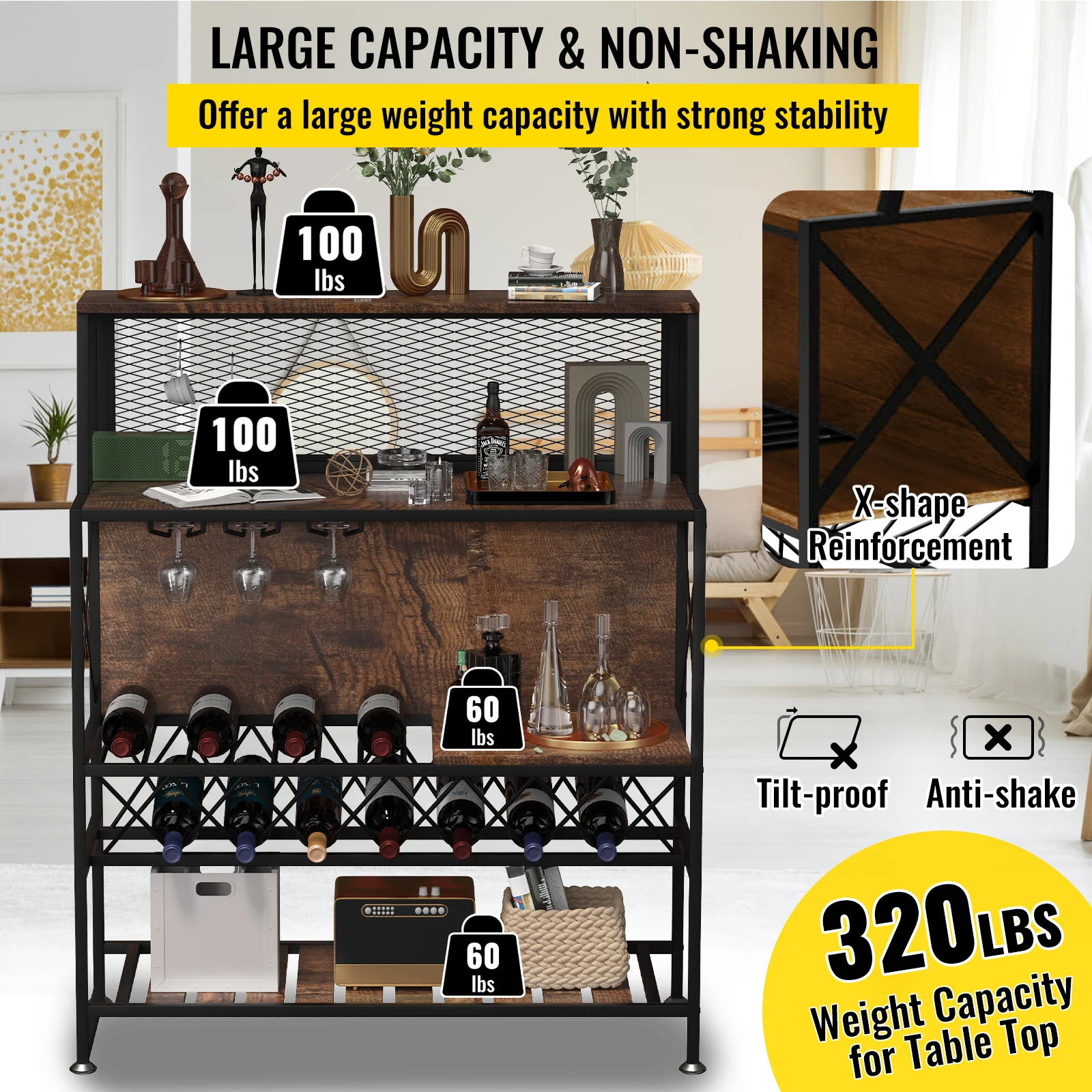 VEVOR Wine Rack Home Bar Table armadi per liquori industriali di grande capacità con supporto in vetro per la sala da pranzo della cucina di casa