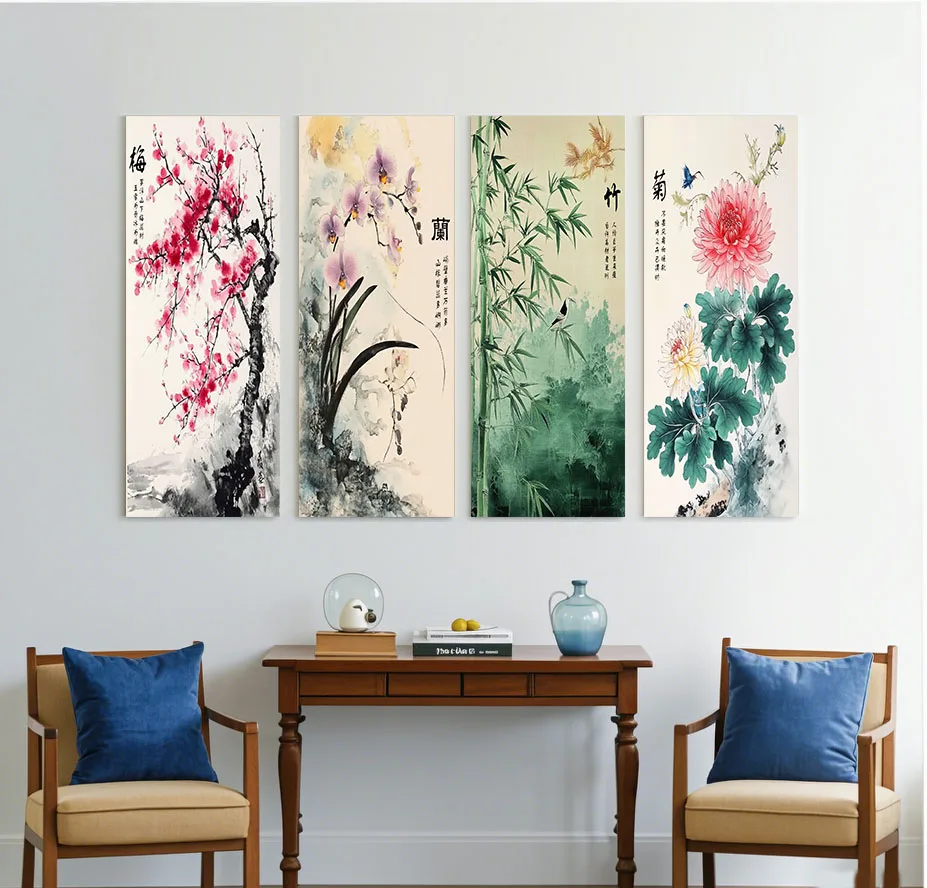 Chinese flowers bamboo orchid plum chrysanthemum print poster Nordic canvas painting can be used as a gift home room decoration