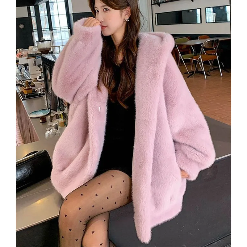 韓国レディースファッションカジュアルプラッシュジャケット2025女性用長袖ファーアウター秋冬レディースミディアム丈フェイクファーコート
