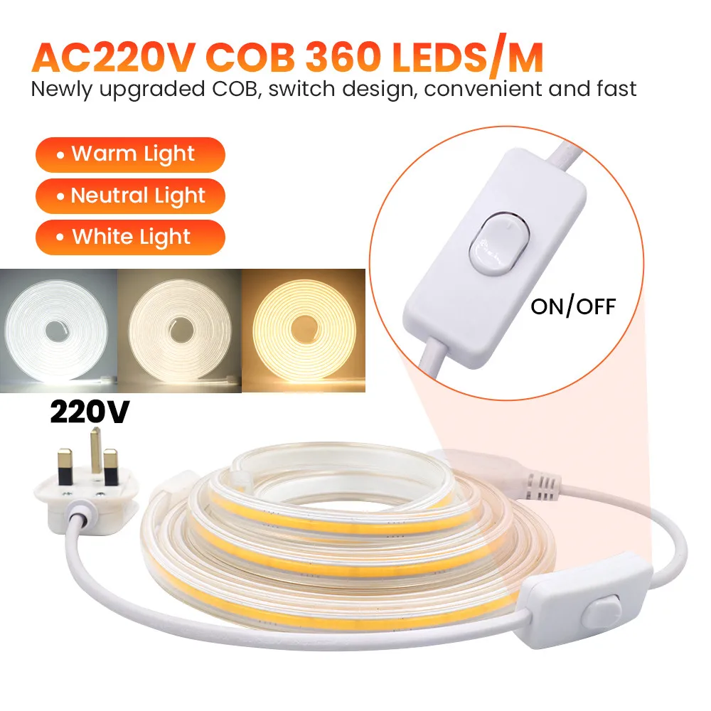 Pasek COB LED Lights z włącznikiem zasilania wtyczka wysokiej gęstości elastyczny IP67 wodoodporny Tira De Led ue UK 3000K 4000K 6000K