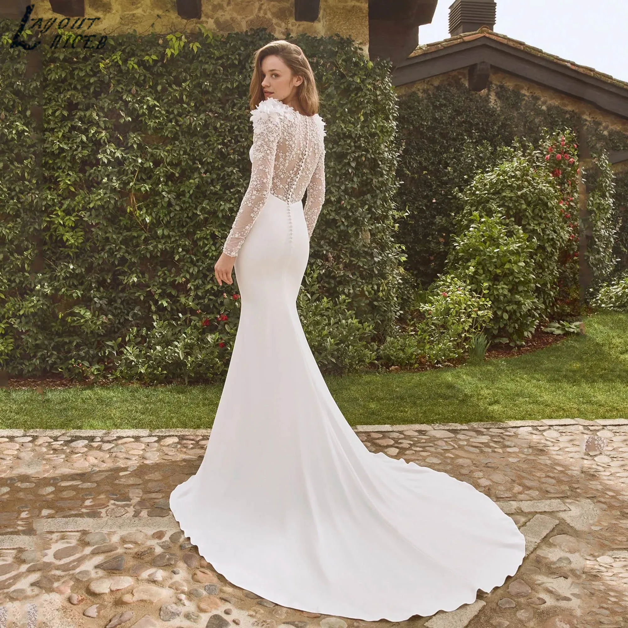 Luksusowa suknia ślubna z satyny z koralikami, długie rękawy, dekolt okrągły, krój syreny, suknie ślubne z iluzorycznym odkrytymi plecami, vestidos de novia, możliwość personalizacji.