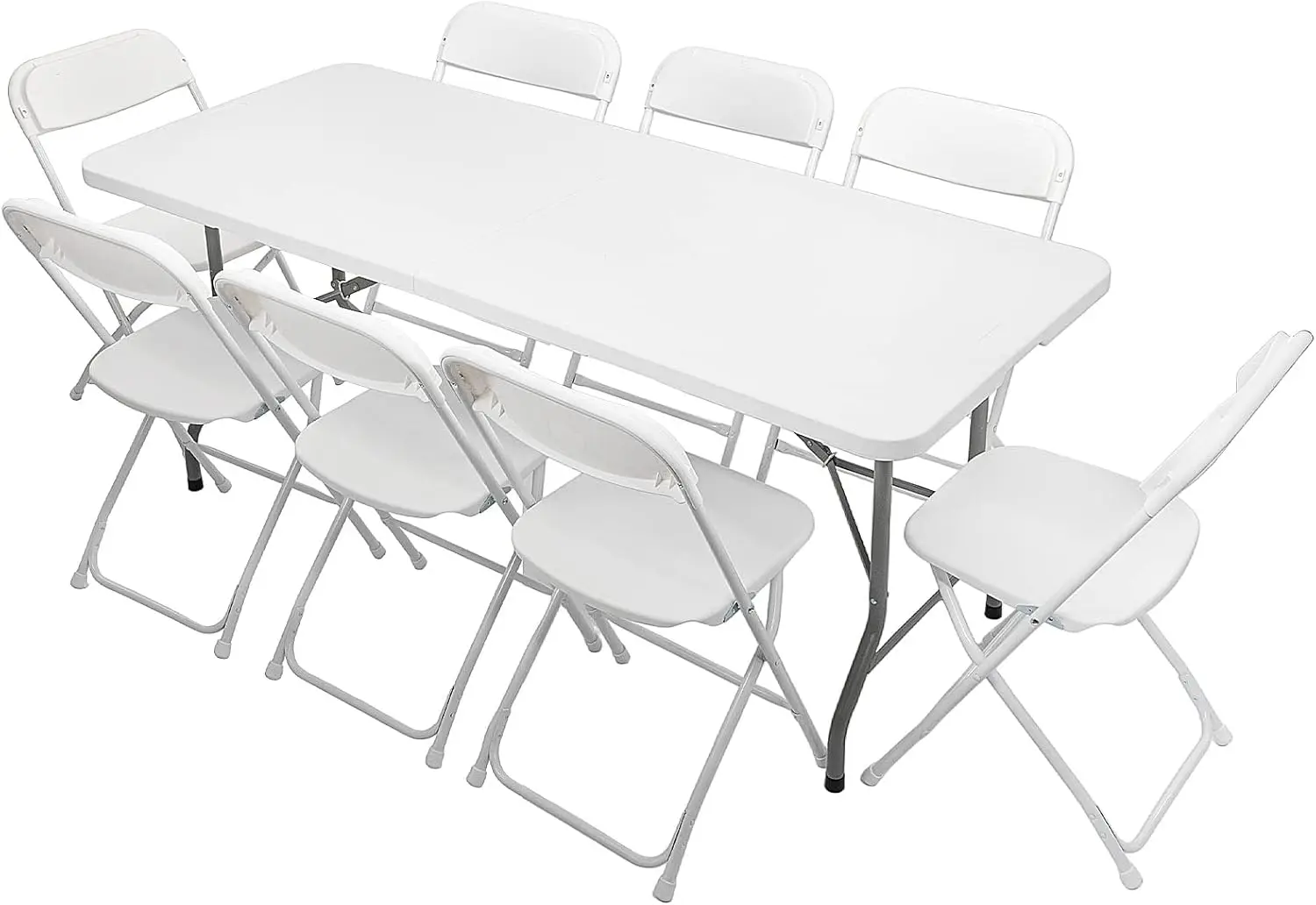 6 FT Plastic Folding Table Set with 8 White Folding Chairs for Picnic, Event, Training, Outdoor Activities, at Home and Commerci