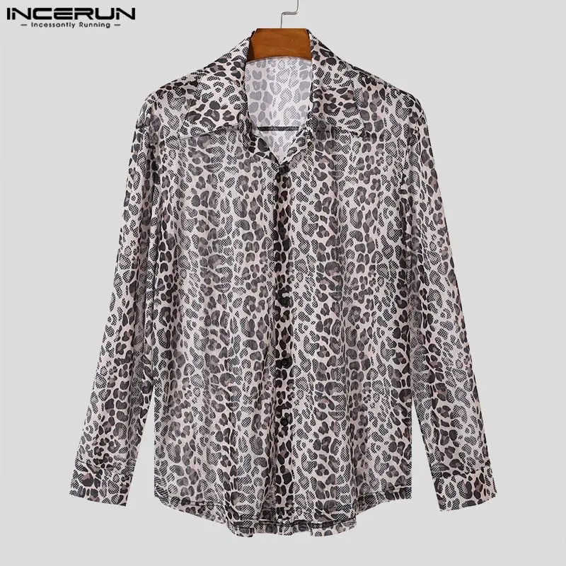 INCERUN Tops 2024 Korean Style Fashion New Men\'s Perspective Leopard Print Shirts Casual Clubwear Male Long Sleeved Blouse S-5XL