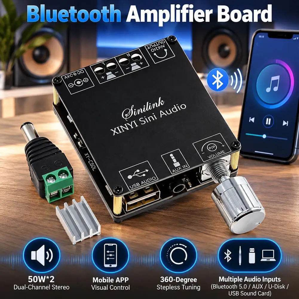 Bluetooth Digital Power Amplifier Board For XINYI Sini Audio XY-C50L 50W Stereo Dual Channel Audio Amp Module With Tuning Knob