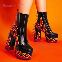 Red Flame Graffiti Booties Black Tight Leather Short Boots Women Platform Chunky Heel Graffiti Metal Silver Rivets Spring Shoes