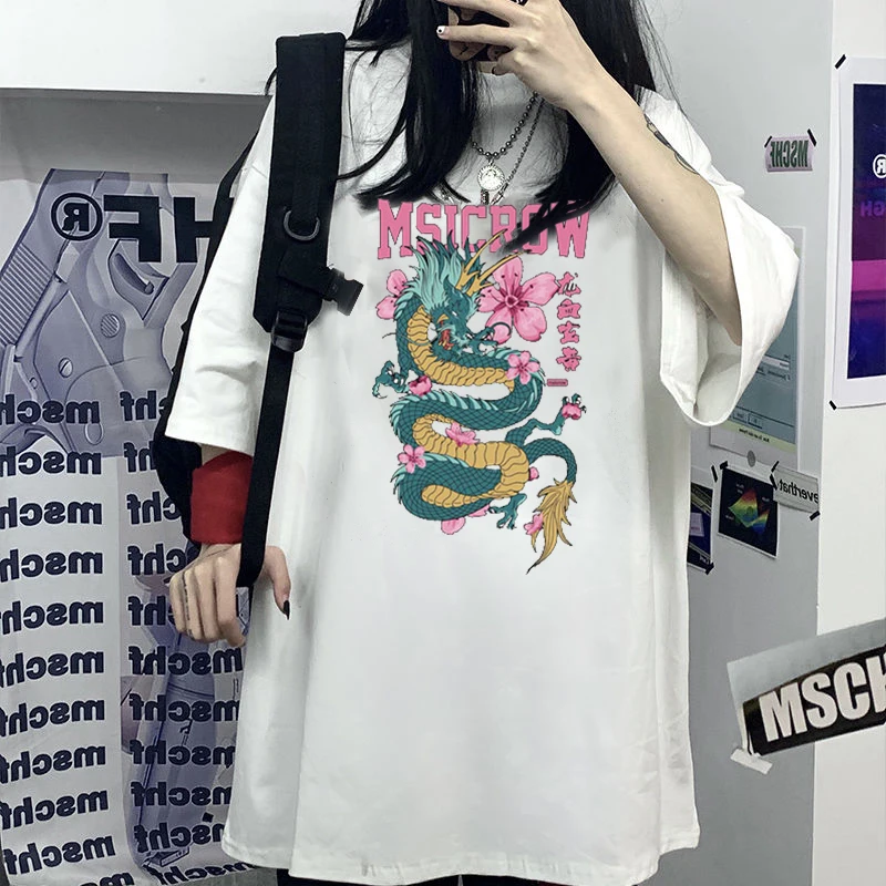 

Women's T-Shirt Tops Chinese Dragon Printing T-Shirt Oversized Harajuku Aesthetic Casual O-Neck Tee Shirt Female Clothes