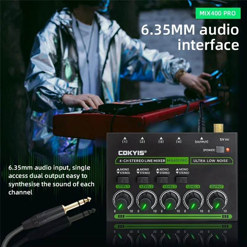 4 Channel Low Noise Stereo Line Mixer Mini Professional Sound Mixer with RGB DC5V Audio Processor for Guitar Bass Keyboard Stage