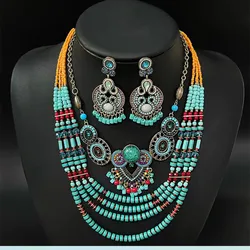 Fashion Boehmia Ethnic Multilayer Beads Chains Necklaces Green Color Vintage Handmade Beads Choker Collar Necklaces