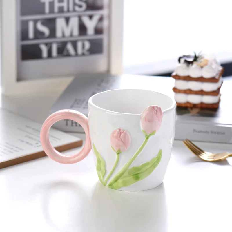 1pc tulipa flor cerâmica caneca design 3d criativo alívio menina coração xícara de café aniversário dia das mães presente para sua tarde xícara de