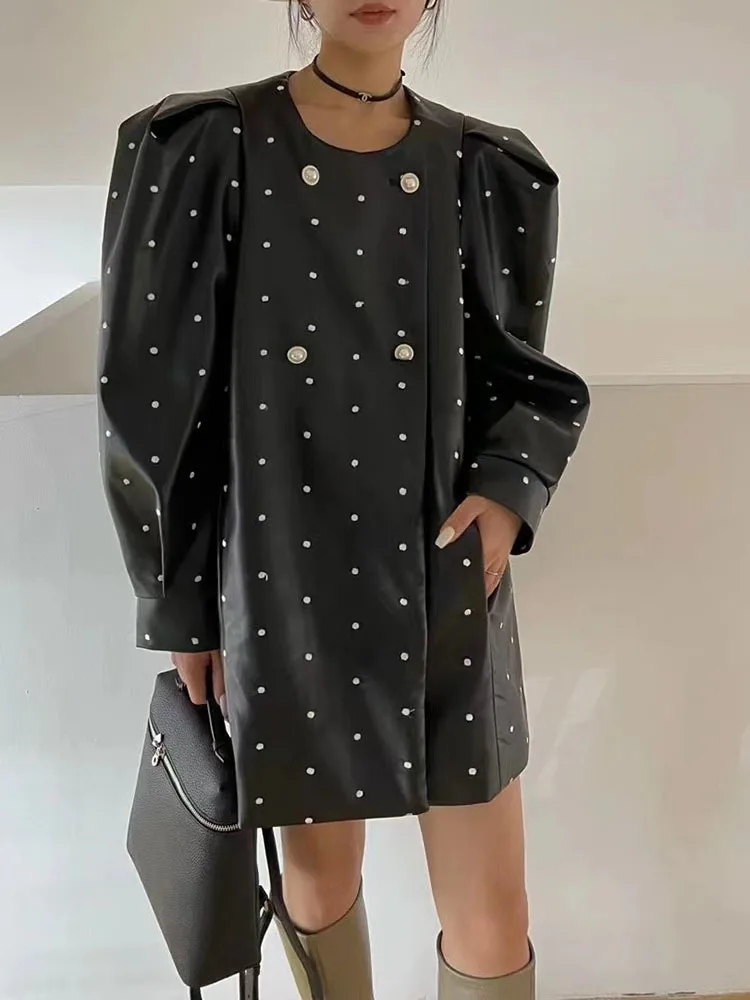 BZVW [in Stock] Polka Dot PU Leather Women\'s Coat 2023 Spring Autumn Loose Designer Temperament Double Breasted Jacket Female