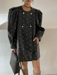 BZVW [in Stock] Polka Dot PU Leather Women's Coat 2023 Spring Autumn Loose Designer Temperament Double Breasted Jacket Female