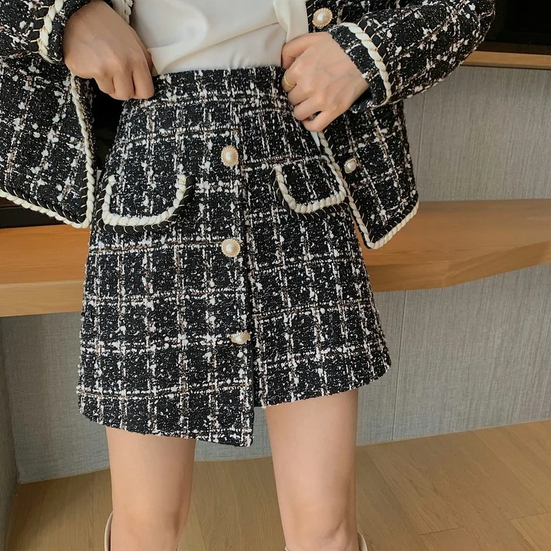 Spring Women Korean Vintage Elegant Tweed Two Piece Set Long Sleeve Short Jacket High Waist Irregular Skirt 2 Piece Suit Outfits