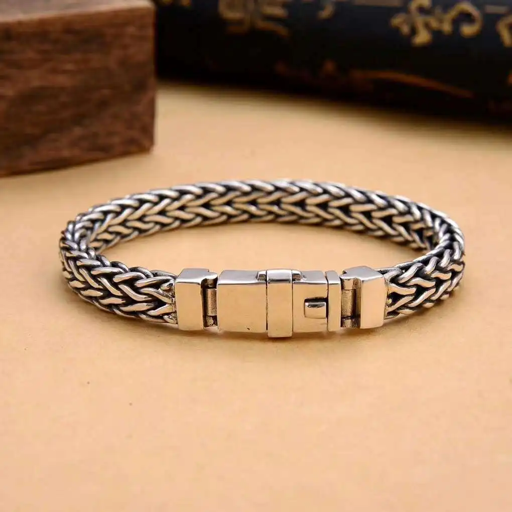 S925 sterling silver handmade woven bracelet, simple and retro, fashionable and domineering, old men's six character motto Thai