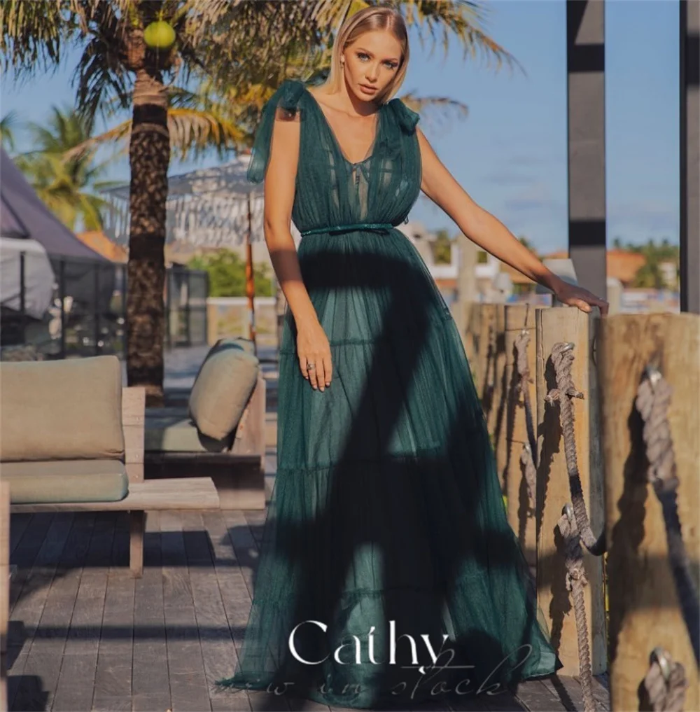 Cathy-Robe de Rhen tulle à col en V, robe longue, robe trapèze, caftan vert, multicouche, élégante, sexy, 2023