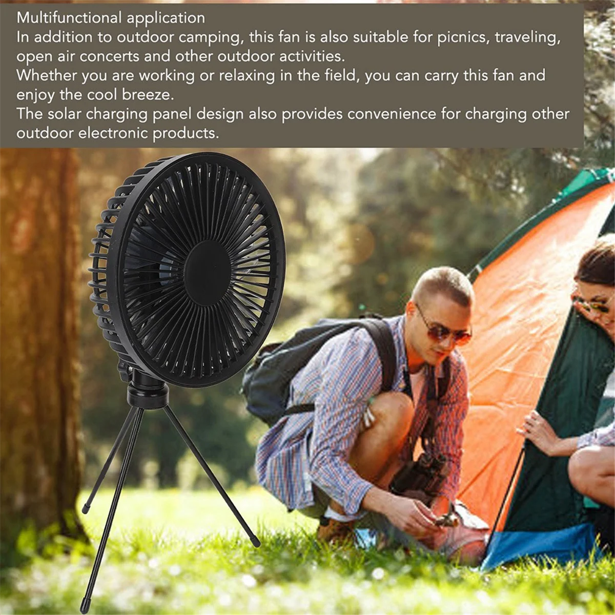 Portable Camping Fan with USB Solar Panel , for Tent, Outdoor, USB Desk Fan for Travel, Fishing, Outage Emergencies