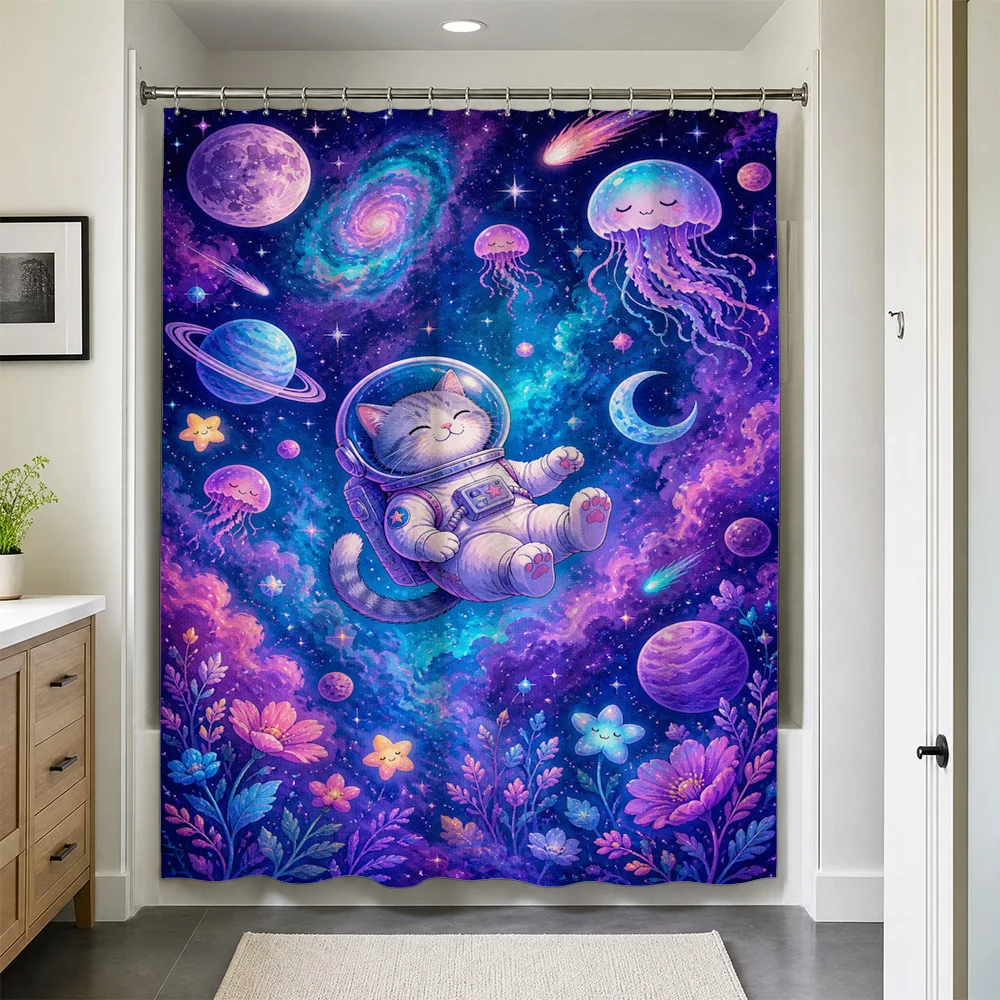 Aesthetic Galaxy Space Shower Curtain Waterproof Nebula Cosmic Planets Bathroom Decor Cute Astronaut Art Print