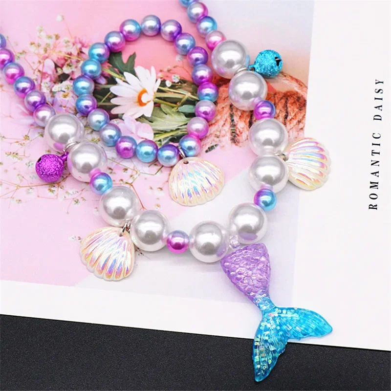 Girl\'s Mermaid Theme Sequin Hair Accessories Mermaid Jewelry Kit Necklace Ring Hair Clips Hair Rope Cure Jewelry Gift For Kids