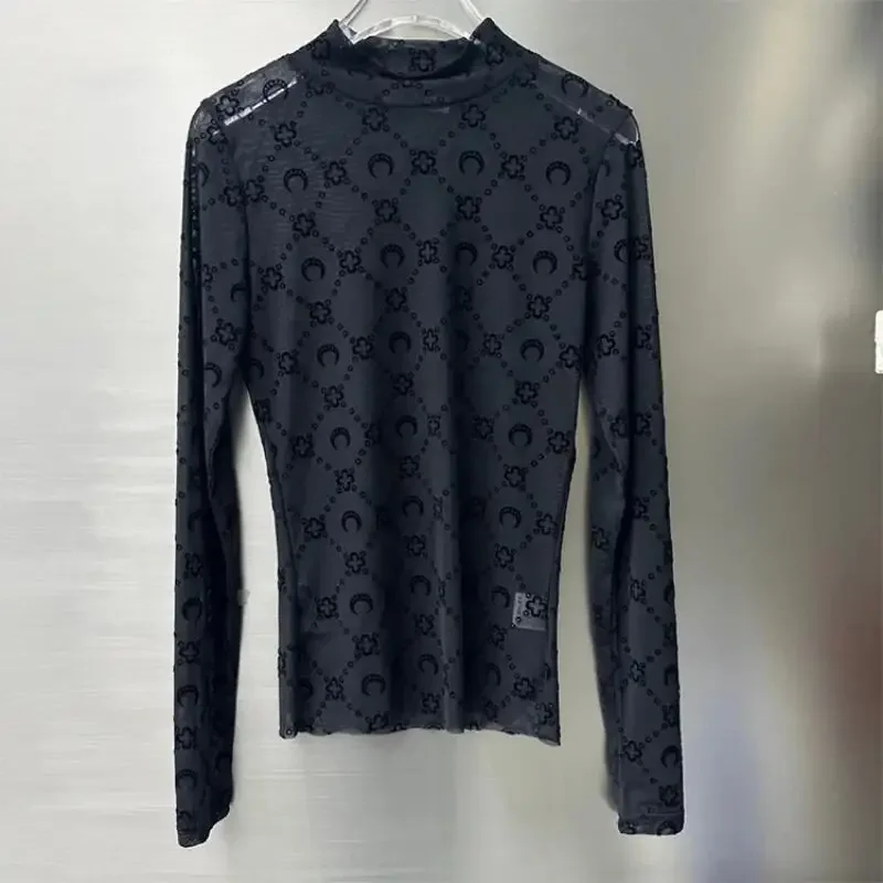 Korean High Street Top Women Long Sleeve Velvet Tshirt Mesh See Through Ins Sexy Spicy Girl Slim Fit Solid Color