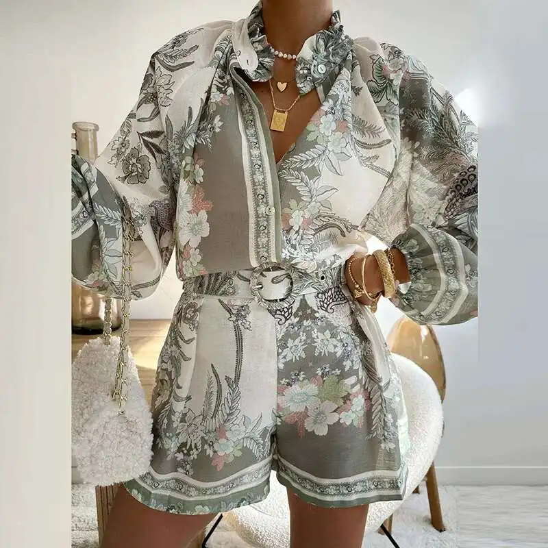 

Ladies Sexy V Neck Top With Shorts Holiday Suits Fashion Street Bohemian Outfits New Pattern Printed Long Sleeved Two Piece Sets