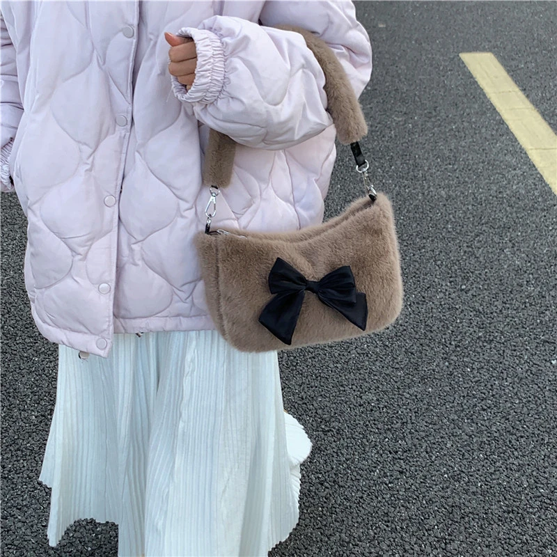 Women's Plush Tote Bag Sweet Bow Knot Designer Luxury Sling Shoulder Crossbody Bag Casual Korean Lightweight Shopper Handbag