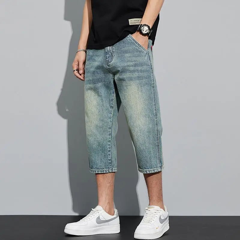 

Летние джинсы, мужские свободные прямые брюки, модные шорты, универсальные брюки средней длины, укороченные брюки выше колена, новый стиль