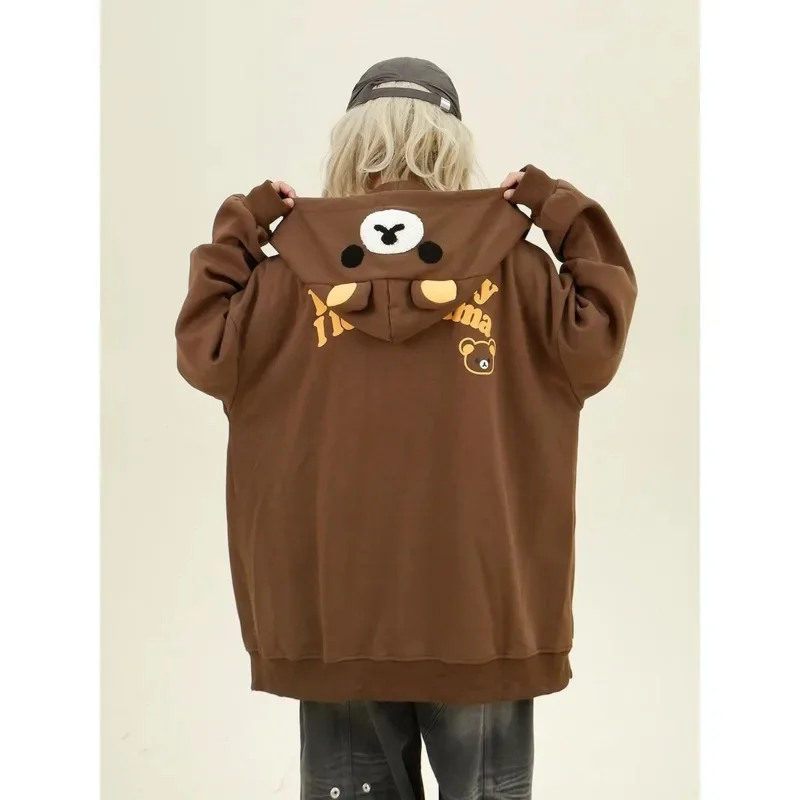 Cut Rilakkuma Hoodie Chic Embroidered Little Bear Pattern Zip-Up Sweatshirt New Stylish Women's Autumn/Winter Insulated Jacket