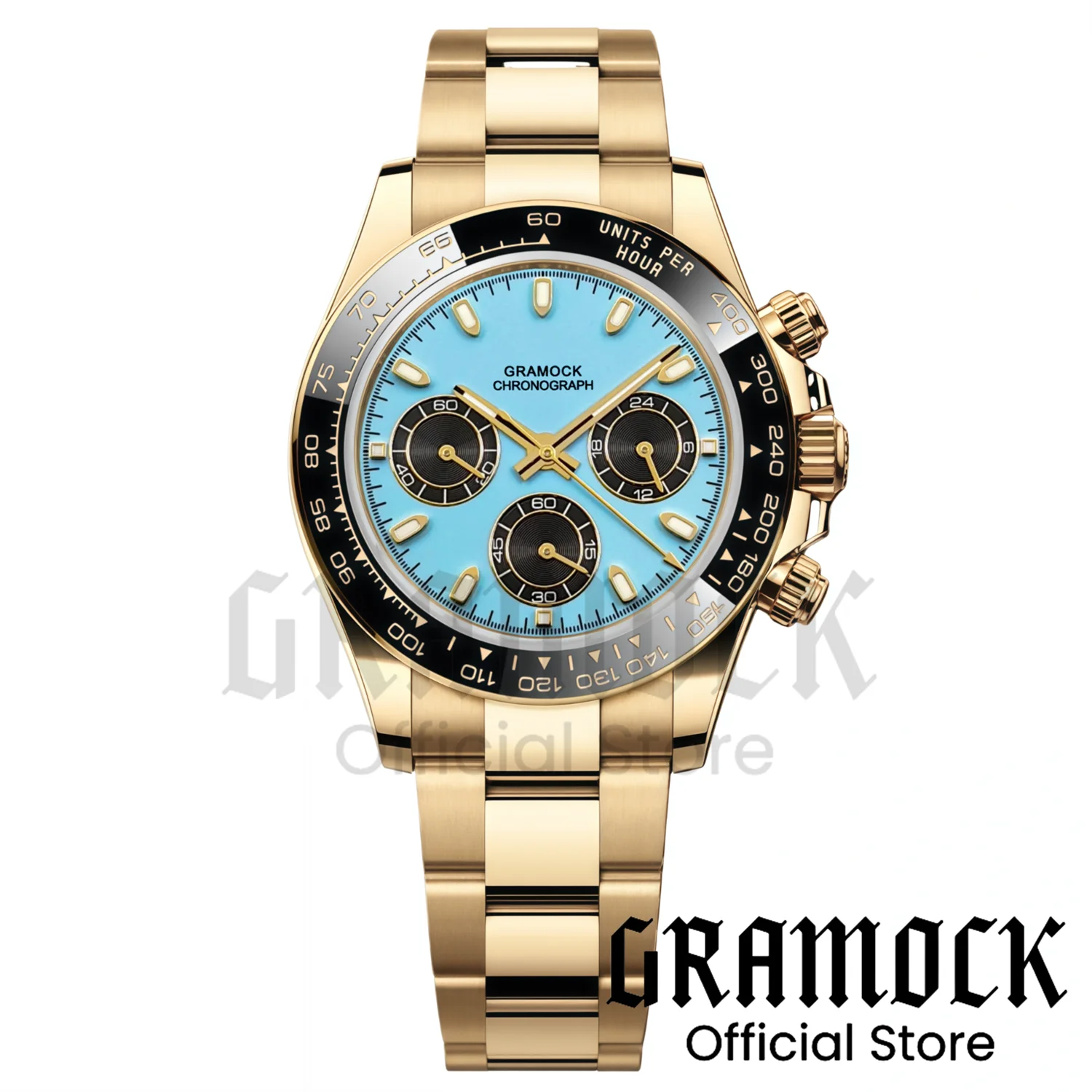 Custom Men Watch 39MM Gold VK63A Quartz Chronograph Sapphire Glass Turquoise Blue Dial Luminous Rubber Strap Black Ceramic Bezel