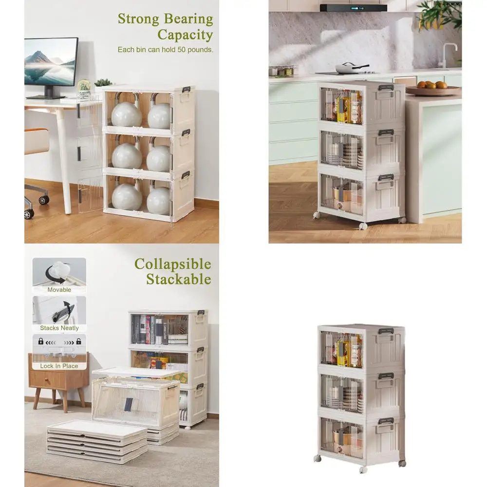 

Stackable Plastic Storage Bins with Lids, Folding Boxes on Wheels for Closets, 3-Pack Home Organization Cubes in Warm Gray