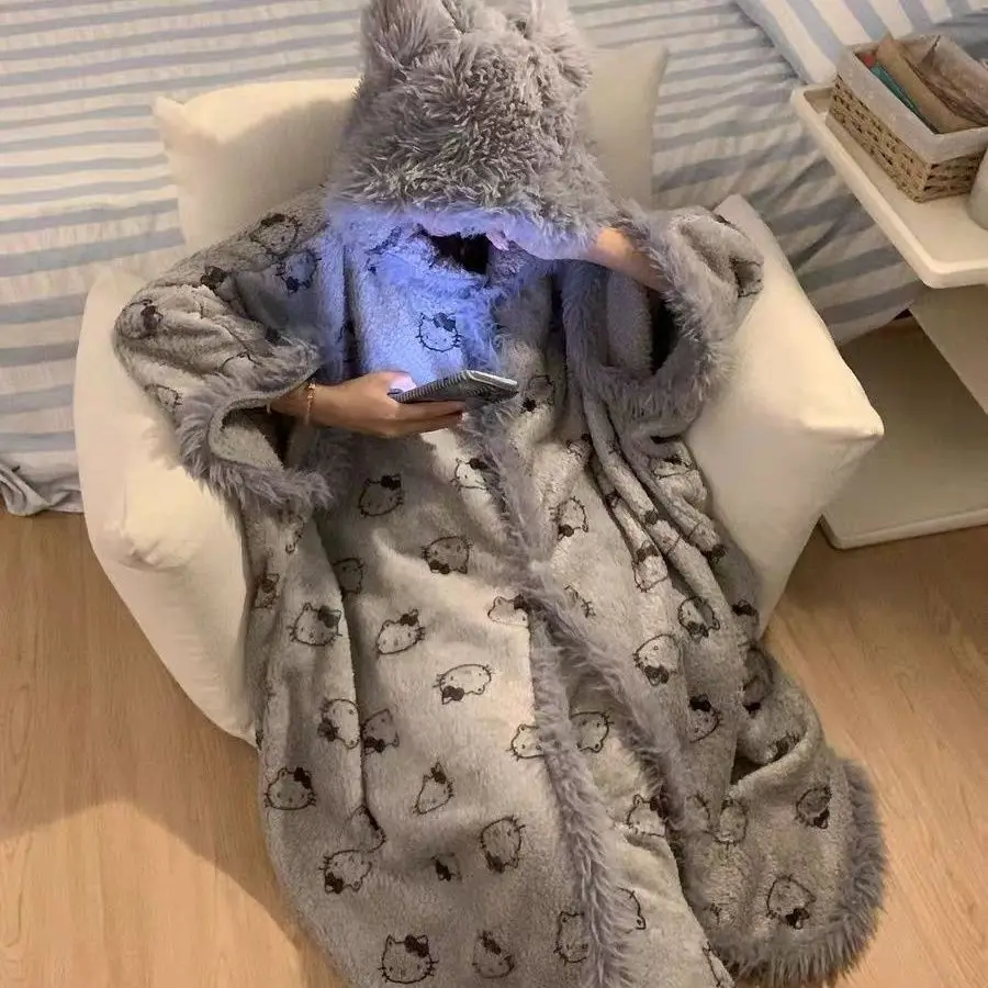 

Hello Kittys Women's Coral Fleece Pajamas Plush Hooded Robes Girls Cute Blanket Casual Fleece Sleepwear Thickenwarm Women Cloth