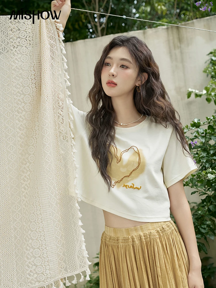 

MISHOW Love Letter Embroidery Printing Round Neck T-shirt Women 2024 Summer French Loose Apricot Casual Short Tees MXD28T0284