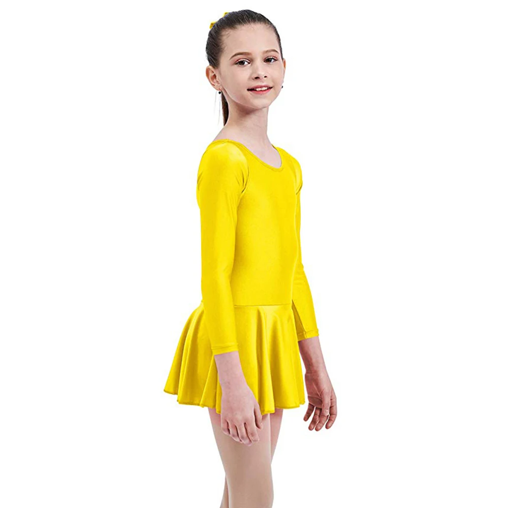 Aoylisey Justaucorps de danse rose à manches longues avec jupe pour filles Gymnastique Bosysuit Col rond Costumes en spandex Vêtements de danse en nylon