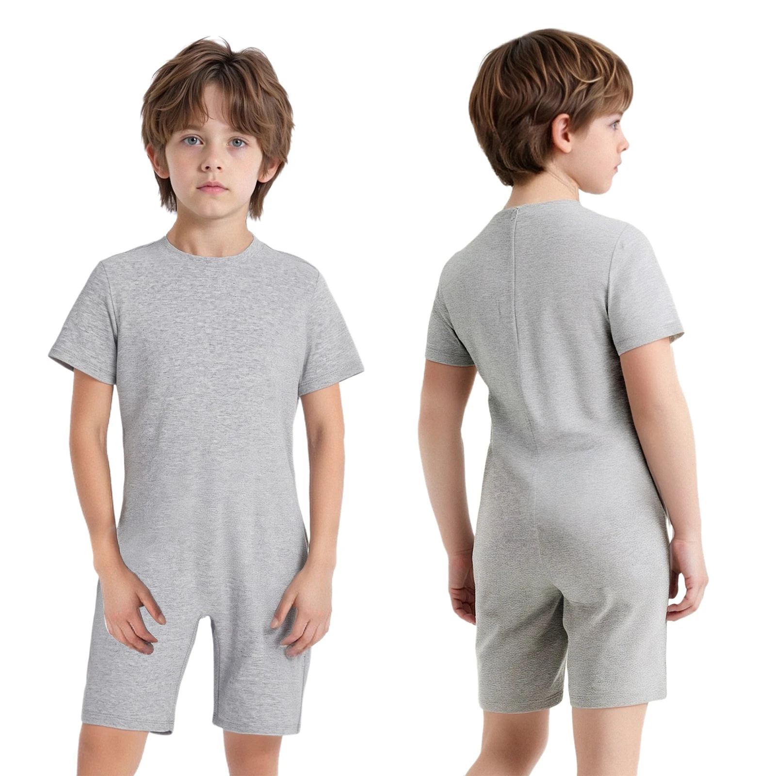 Kids Special Needs Adaptive Clothing for Girls Boys Round Neck Short Sleeve Rompers with Back Zipper Anti-Strip Jumpsuits