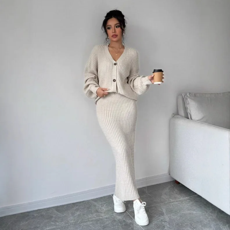 

Elegant Solid Color Knitted Skirt Two Piece Set Women V-neck Sweater Cardigan Coat Package Hip Skirts 2 Piece Sets Female New