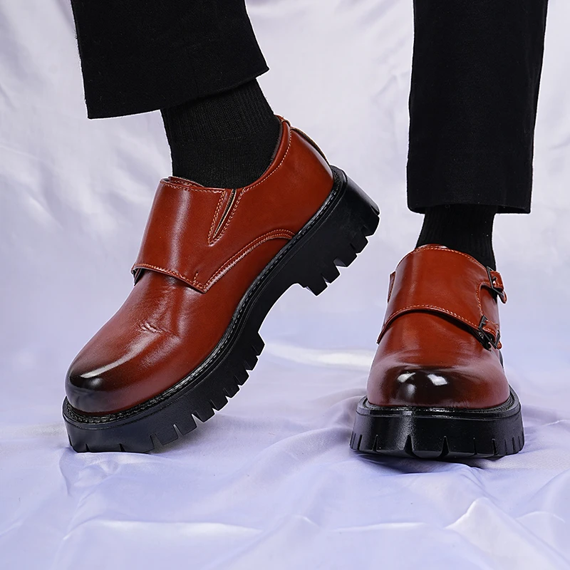 Men's Korean Style Thick Sole Monk Shoes Fashion Double Buckle Elevator Slip-On Leather Loafers