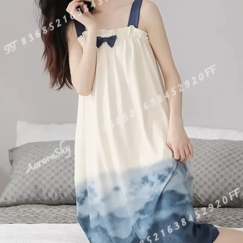 Women Summer Thin Strap Nightdress With Chest Pad Mid Length Cute Bow Heart Print Ladies Sleepwear Can Be Worn Outdoors