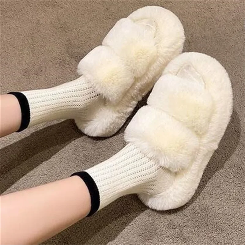 Winter Open Toe Slipper Fashion Fur Thick Sole Flats Heel Ladies Casual Slip on Bedroom Shoes Soft Outdoor Slides Shoes