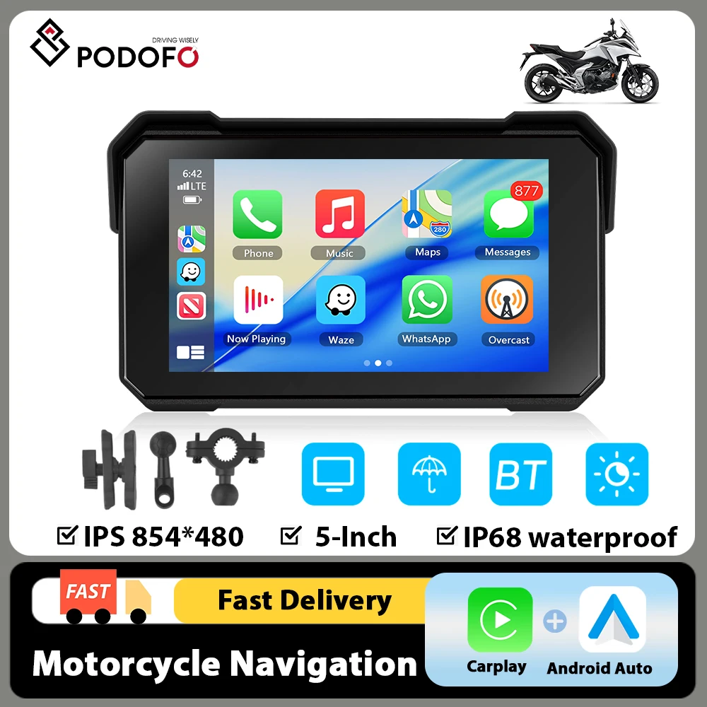 Podofo Reproductor Inteligente Portátil con Pantalla HD de 5 Pulgadas para Motocicleta, Navegación GPS, Reproductor con Pantalla Inalámbrica Carplay Android Auto, Compatible con Monitor de Moto a Prueba de Agua