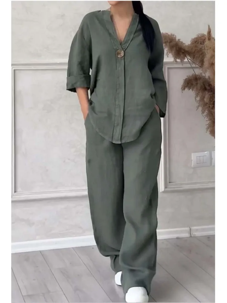 Fashion Solid Cotton Linen Casual Pants Suit Female Long Sleeve V Neck Blouse Top Wide Leg Pants 2 Piece Set Women Casual Sets