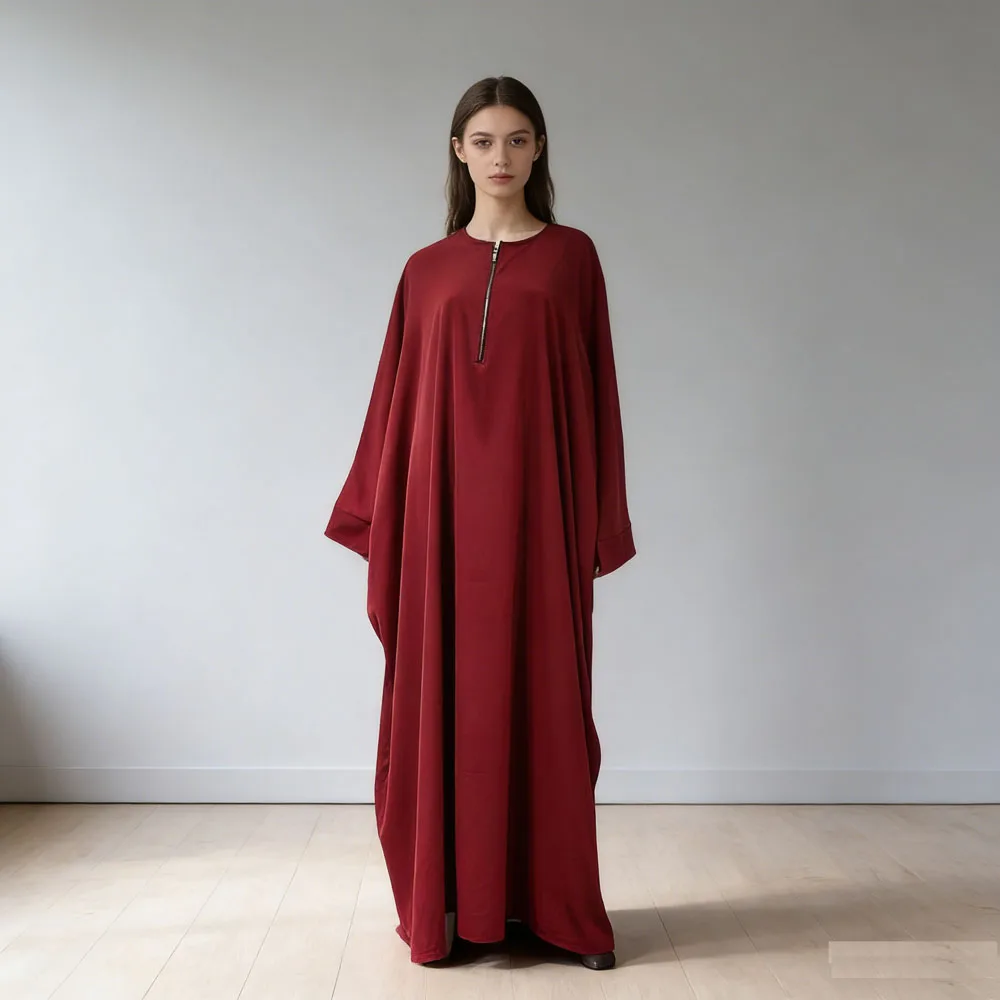 

Простая мусульманская женская открытая передняя молния Абая с рукавами «летучая мышь» Свободное платье Турция Молитвенная одежда Дубай Кафтан Скромная Абая Арабская одежда