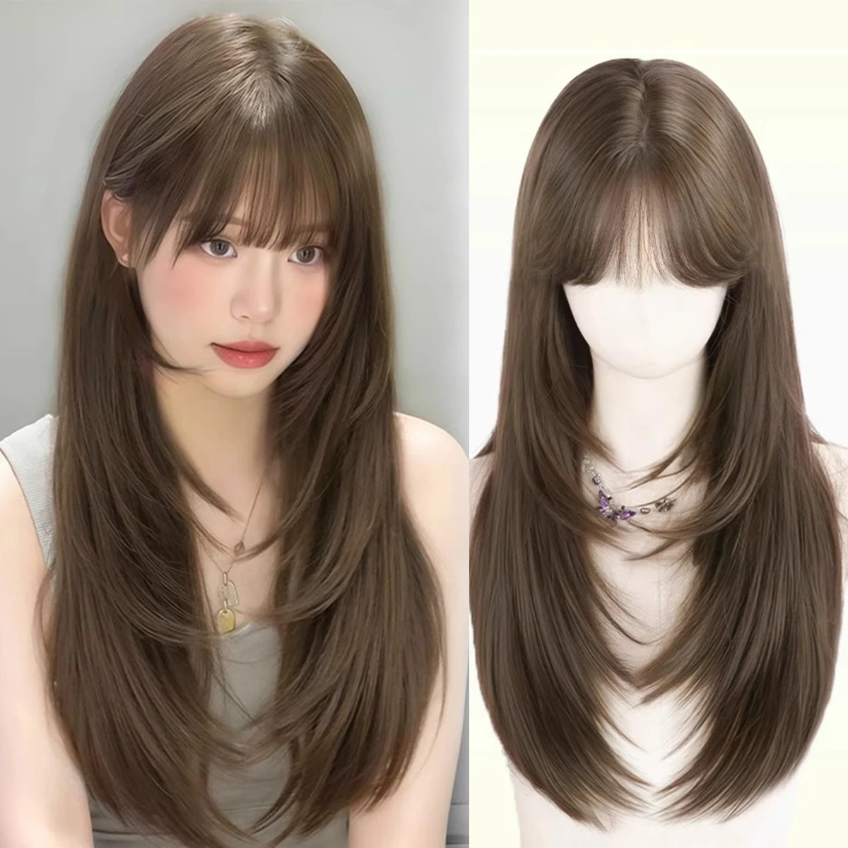 

Synthetic wig Korean high-level medium length straight hair full head cover women's natural simulation whole wig cover