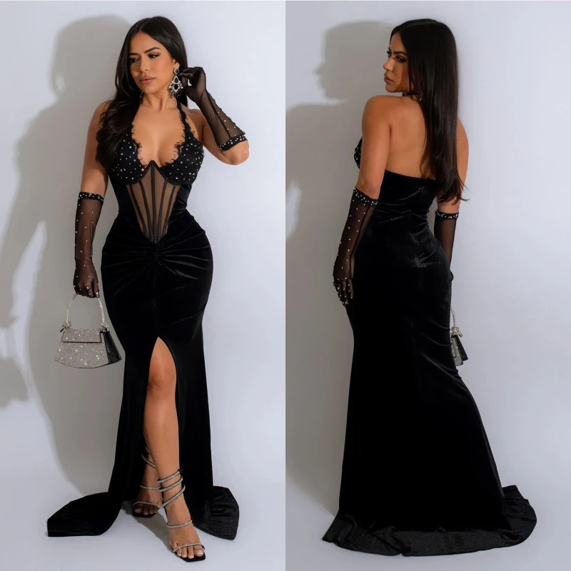 2026 nova moda sexy feminino vestido de veludo halter oco para fora de volta cintura fina retalhos split frente bodycon vestido longo