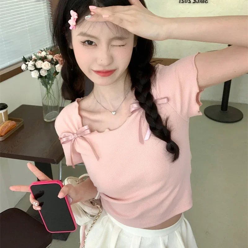 Summer Women Daily Kawaii Tie Up Clothes Lady Sweet Pink Cotton Short Sleeved T-shirt Female Butterfly Knots Square Neck Tops