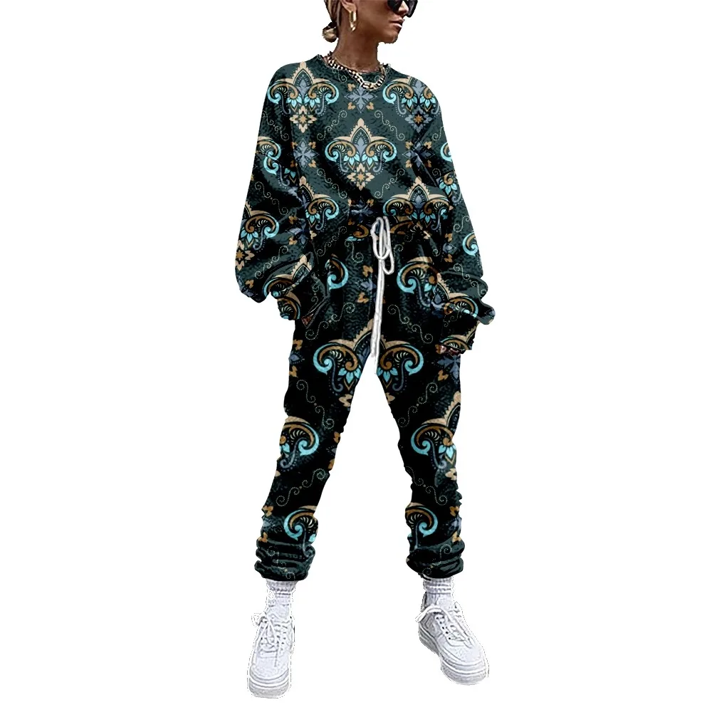 

Women Tracksuit Vintage Pattern Printed 2 Piece Outfit Sweatshirt+Straight Sweatpants Matching Set Fitness Sporty Streetwear