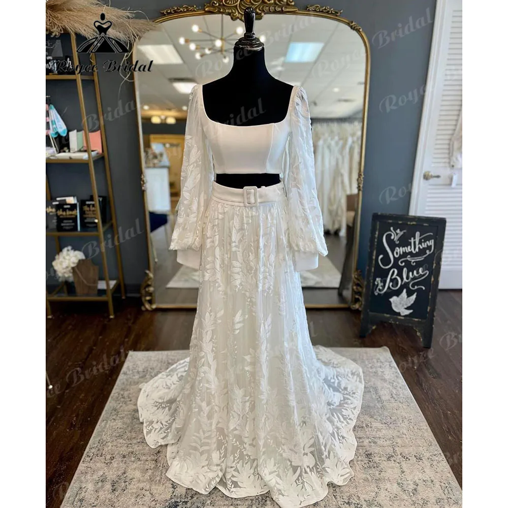 Vinatge Allover Lace Two Pieces Beach Bohemian Wedding Dress with Puff Long Sleeve Square Neck Crop Top Boho Bridal Gown 2024