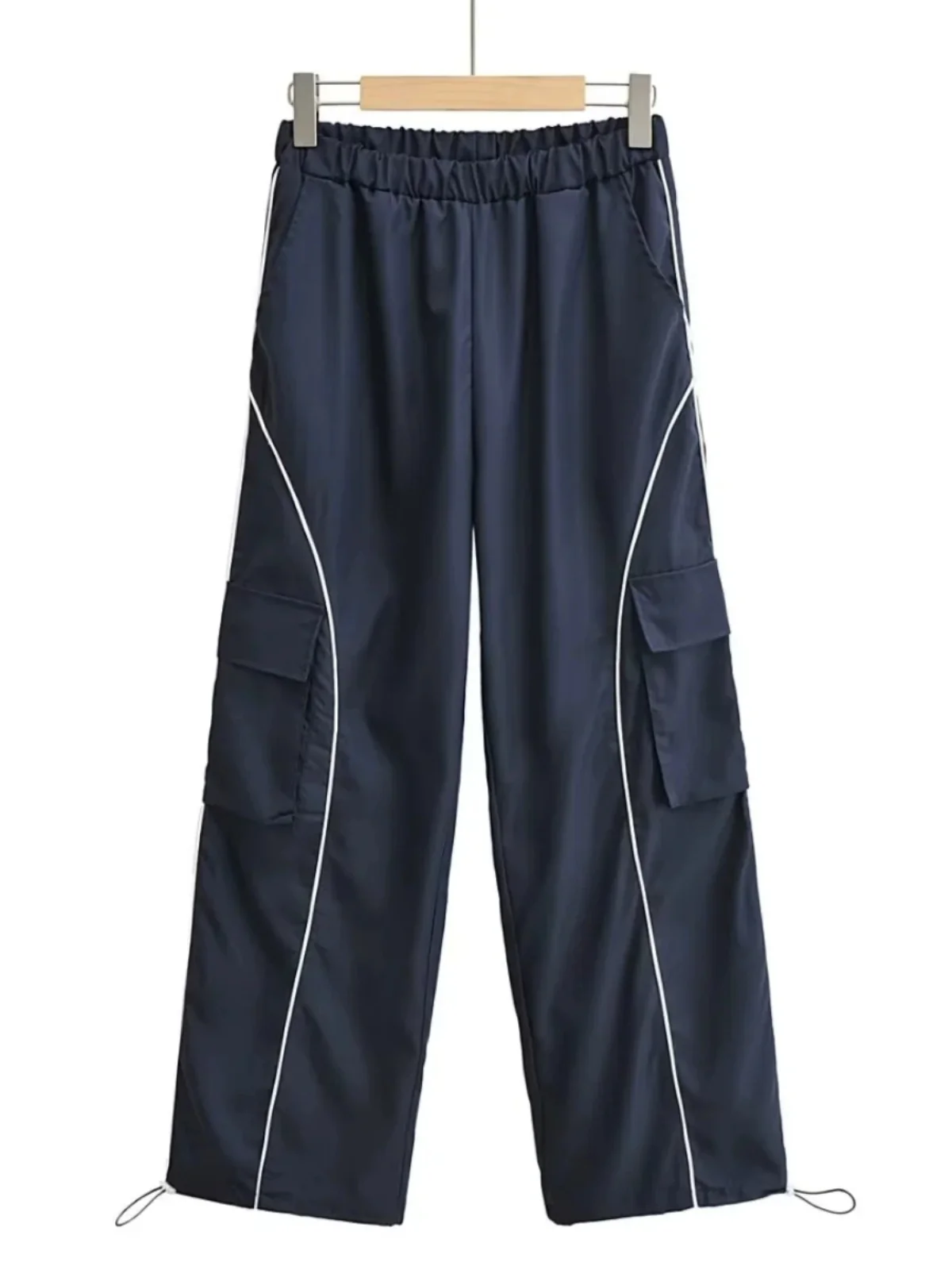 

Street Style High Waist Wide Leg Sport Pants Color Block High Waist Elastic Waistband Long Loose Fit Drawstring Trousers